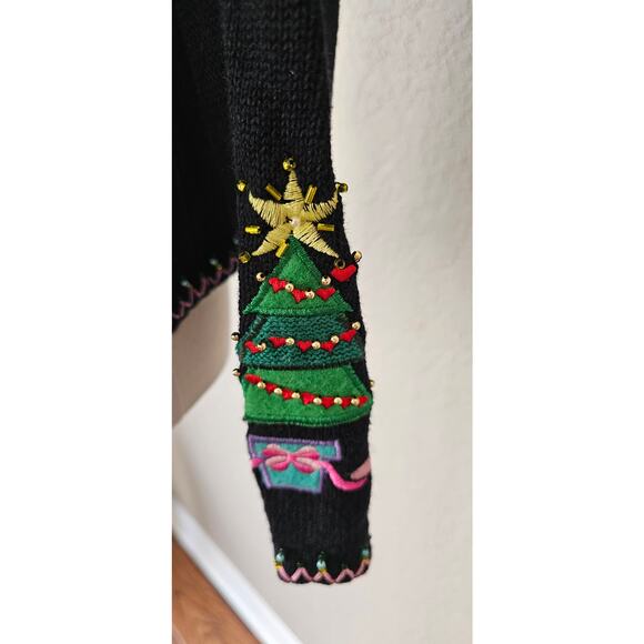 Vintage Christmas‎ Trees Cardigan Sweater 3D Jeweled Embroidered Applique Small - Picture 8 of 12